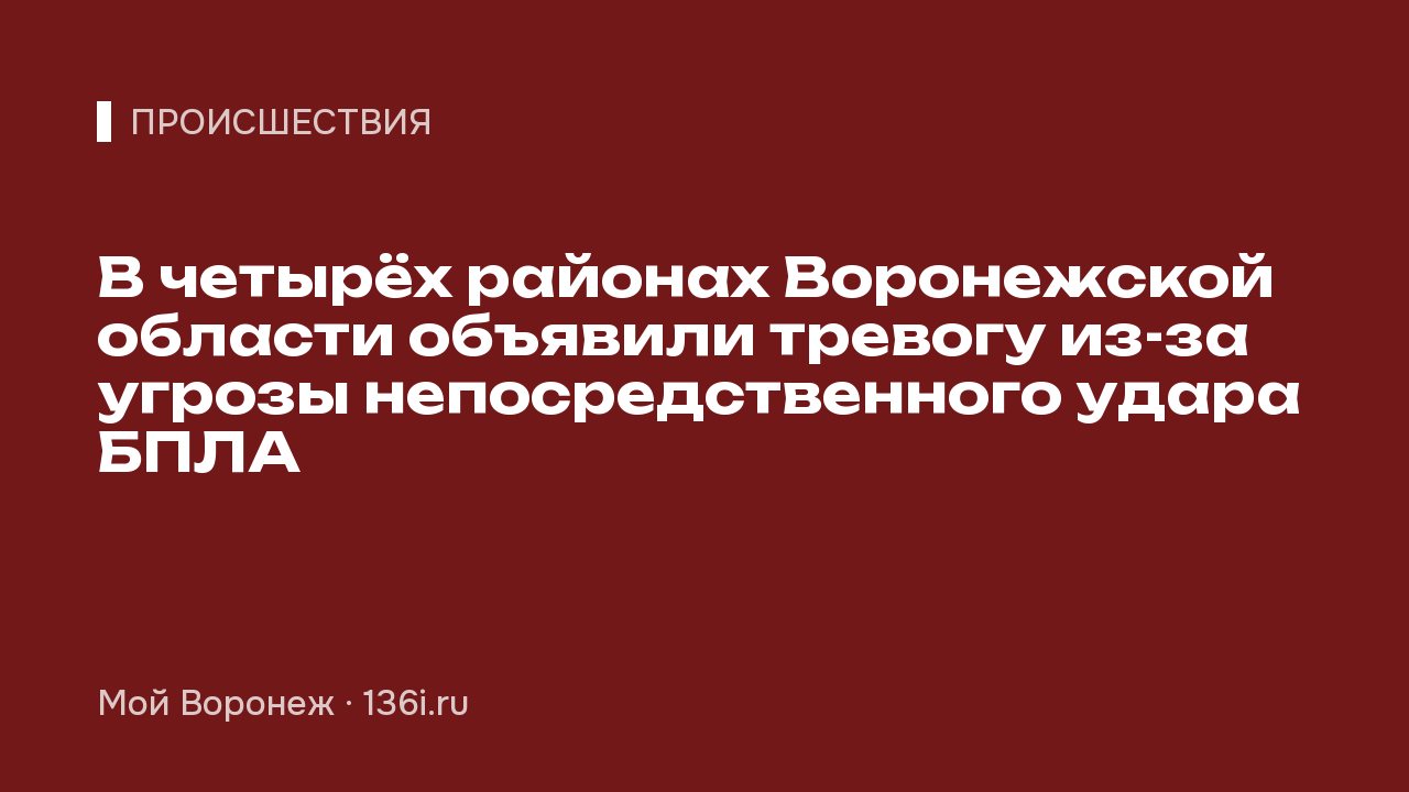 В четырёх районах Воронежской области объявили тревогу из-за угрозы непосредственного удара БПЛА